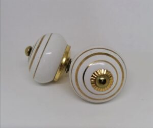 KOH00109 White Round Knob With Gold Stripes and Fittings